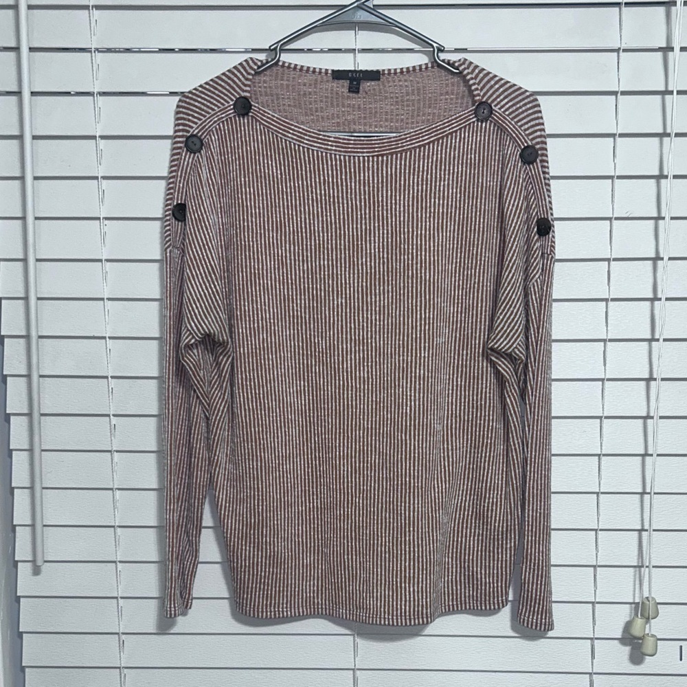 Striped Button-Shoulder Long-Sleeve Top — Brown